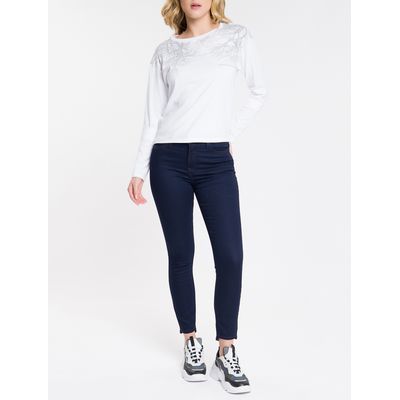 Calça Jeans Feminina Five Pockets Super Skinny com Stretch Cintura Média Azul Marinho Calvin Klein