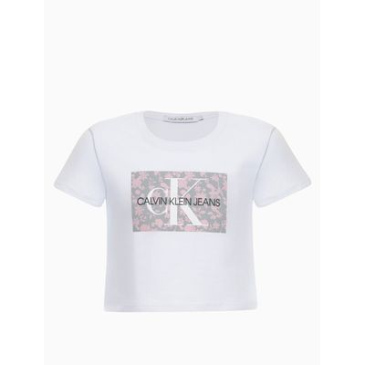 Blusa Feminina Infantil Cropped Logo Floral Branca Calvin Klein Jeans