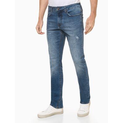 Calça Jeans Straight C/ Puídos - Azul Médio