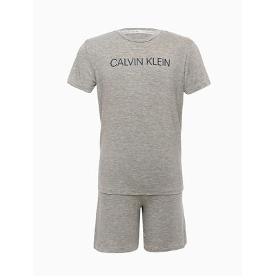 Pijama Masculino Infantil Camiseta e Bermuda Elástico com Logo Cinza Mescla Calvin Klein