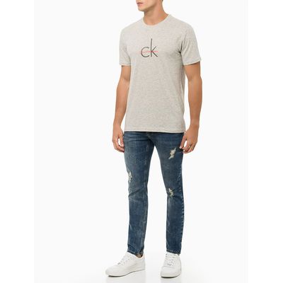 Camiseta Masculina Slim Estampada Logo Duplo Reissue Cinza Mescla Calvin Klein Jeans