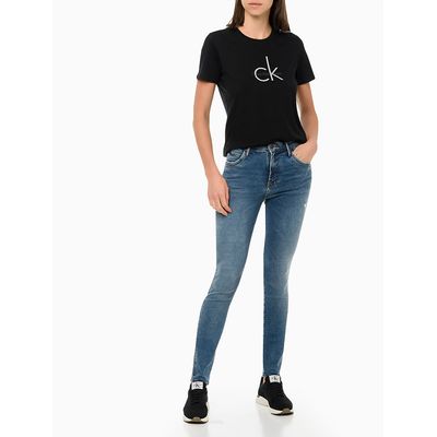 Blusa Feminina Slim Estampada Logo Duplo Reissue Preta Calvin Klein Jeans