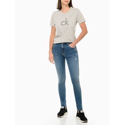 Blusa Feminina Slim Estampada Logo Duplo Reissue Cinza Mescla Calvin Klein Jeans
