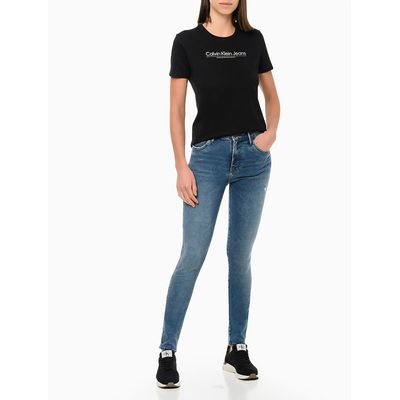 Blusa Feminina Slim Básica Estampada Logo Faixa Cidades Preta Calvin Klein Jeans
