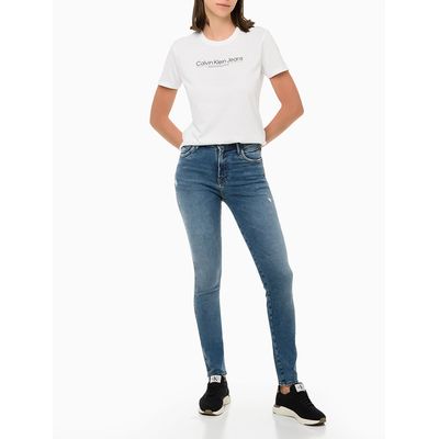 Blusa Feminina Slim Básica Estampada Logo Faixa Cidades Branca Calvin Klein Jeans