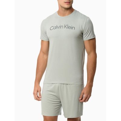 Pijama Masculino Camiseta e Bermuda Elástico com Logo Cinza Azulado Calvin Klein