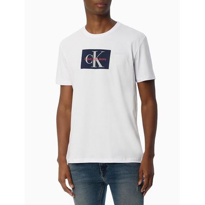 Camiseta Masculina de Algodão Básica Estampa Logo Reissue Retangular Minimalista Branca Calvin Klein Jeans