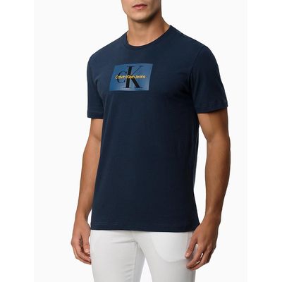 Camiseta Masculina de Algodão Básica Estampa Logo Reissue Retangular Minimalista Azul Marinho Calvin Klein Jeans