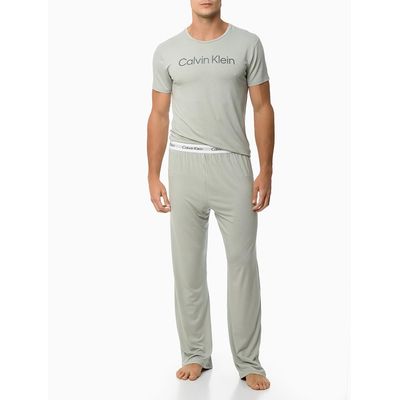Pijama Masculino Camiseta e Calça Elástico com Logo Cinza Azulado Calvin Klein