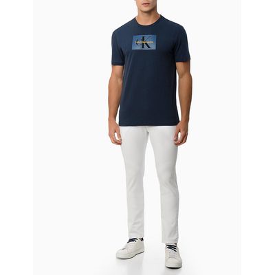 Camiseta Masculina de Algodão Básica Estampa Logo Reissue Retangular Minimalista Azul Marinho Calvin Klein Jeans