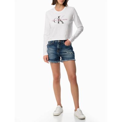 Blusa Cropped Feminina de Manga Longa Slim Estampa Logo Shadow Branca Calvin Klein Jeans