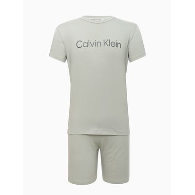 Pijama Masculino Infantil Camiseta e Bermuda Elástico com Logo Cinza Azulado Calvin Klein
