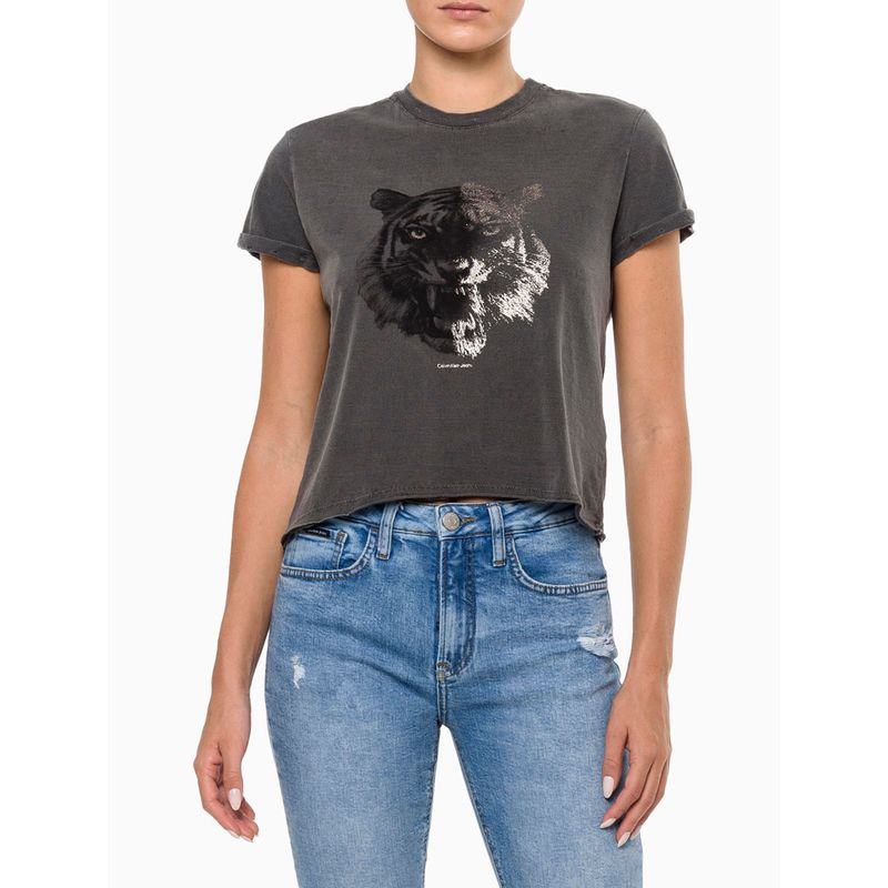 Calvin Klein Camiseta feminina manga curta com estampa flip