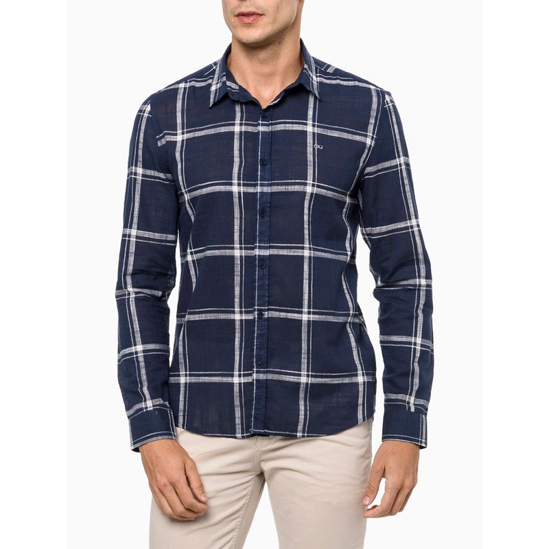 Camisa Casual Marshall Xadrez Manga Longa Branca Preta