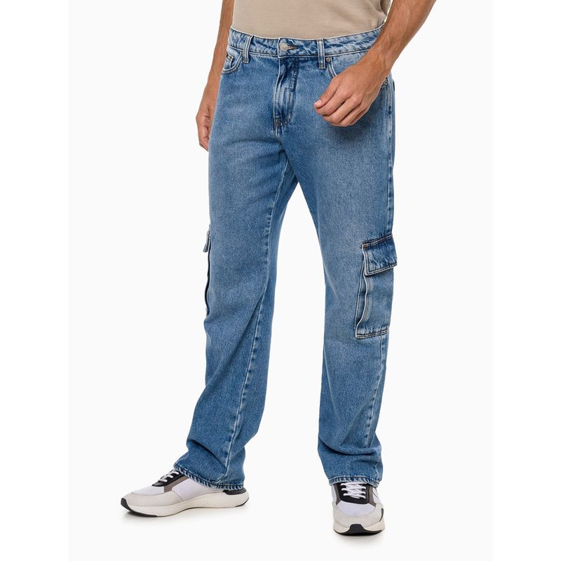 Calça Calvin Klein Jeans Masculina Stretch Cadarço Cós Off-White Tag Azul  Clara